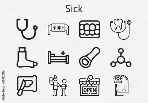 Premium set of sick [S] icons. Simple sick icon pack. Stroke vector illustration on a white background. Modern outline style icons collection of Denture, Spreading, Stethoscope, Neglect, Bacterias