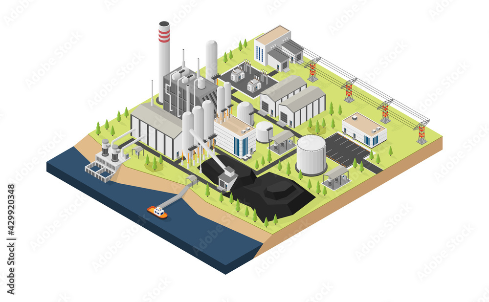 the coal energy, coal power plant with isometric graphic the coal energy, coal power plant with isometric graphic