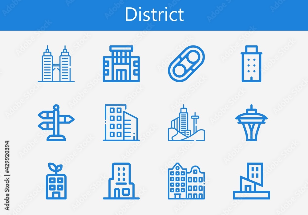 Premium set of district line icons. Simple district icon pack. Stroke vector illustration on a white background. Modern outline style icons collection of Building, Buildings, Skyscraper, Street Premium set of district line icons. Simple district icon pack. Stroke vector illustration on a white background. Modern outline style icons collection of Building, Buildings, Skyscraper, Street