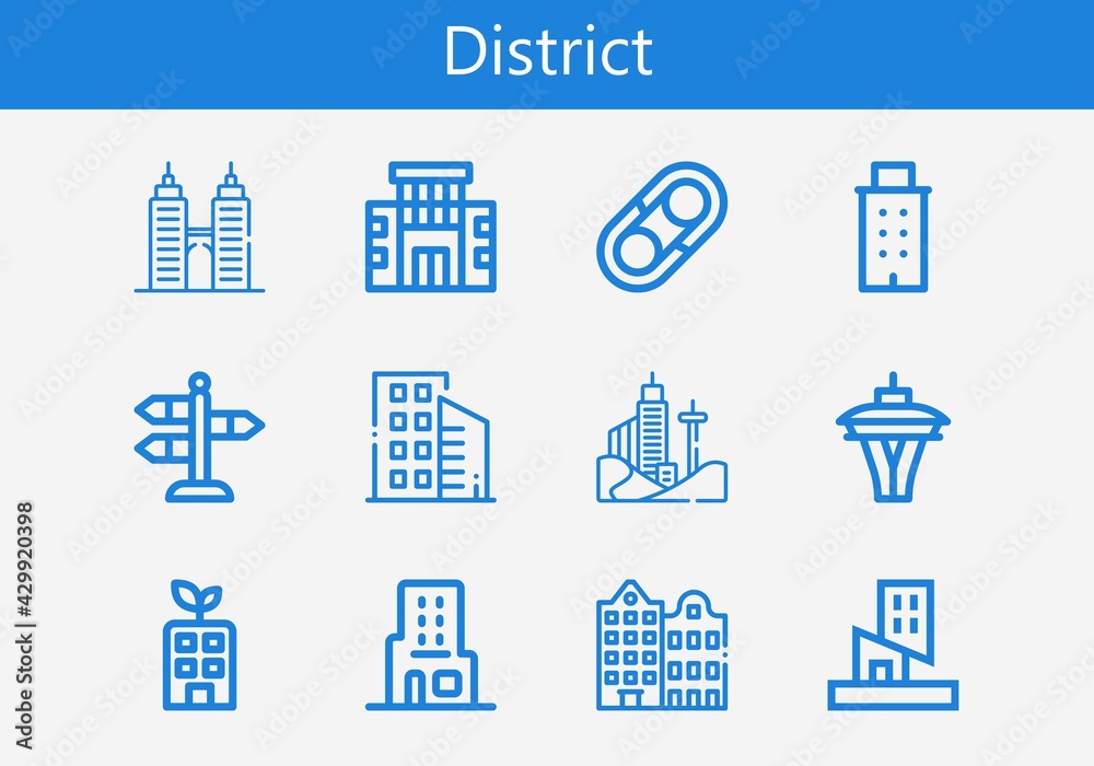 Premium set of district line icons. Simple district icon pack. Stroke vector illustration on a white background. Modern outline style icons collection of Building, Buildings, Skyscraper, Street