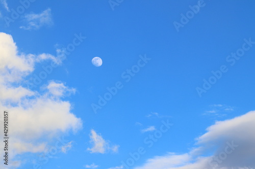 Moon in the blue sky among the clouds. 