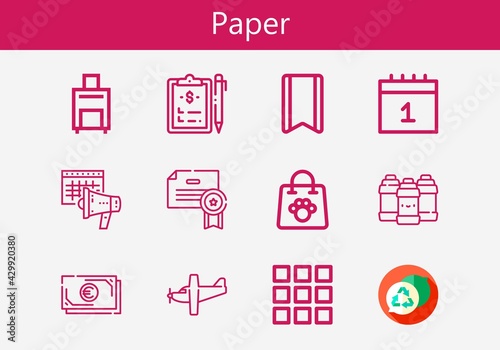 Premium set of paper line icons. Simple paper icon pack. Stroke vector illustration on a white background. Modern outline style icons collection of Palette, Airplane, Bookmark, Calendar, Luggage © Nadir