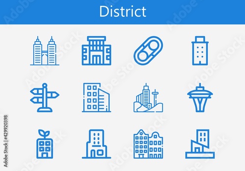 Premium set of district line icons. Simple district icon pack. Stroke vector illustration on a white background. Modern outline style icons collection of Building, Buildings, Skyscraper, Street