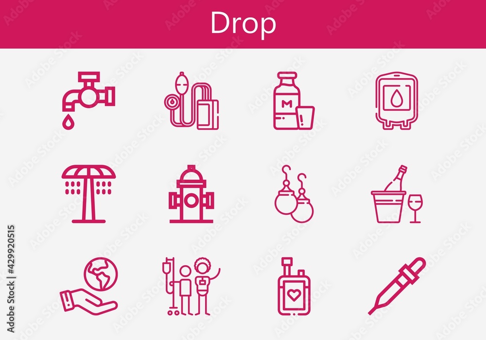 Premium set of drop line icons. Simple drop icon pack. Stroke vector illustration on a white background. Modern outline style icons collection of Earrings, Ecologism, Tap, Blood donation, Hydrant Premium set of drop line icons. Simple drop icon pack. Stroke vector illustration on a white background. Modern outline style icons collection of Earrings, Ecologism, Tap, Blood donation, Hydrant