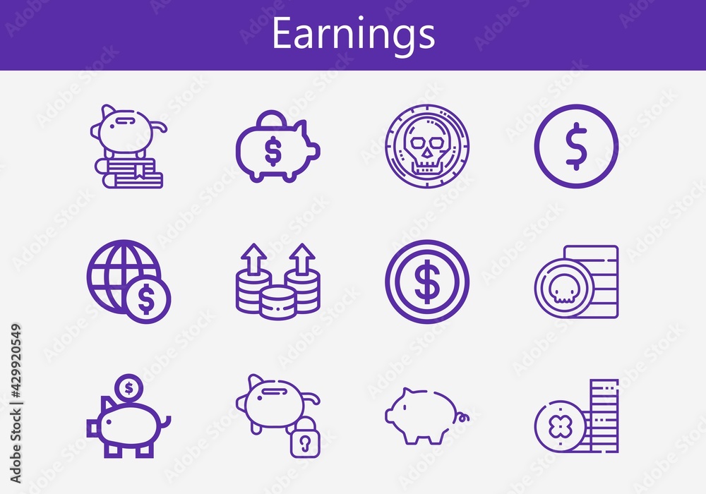 Premium set of earnings line icons. Simple earnings icon pack. Stroke vector illustration on a white background. Modern outline style icons collection of Coin, Piggy bank Premium set of earnings line icons. Simple earnings icon pack. Stroke vector illustration on a white background. Modern outline style icons collection of Coin, Piggy bank