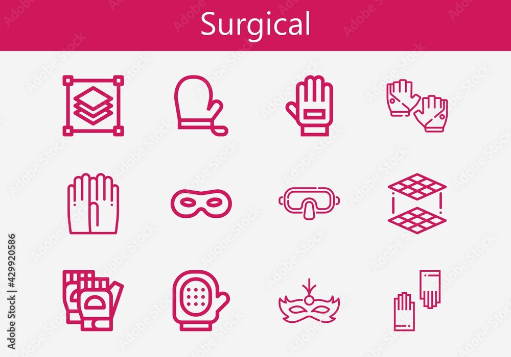 Premium set of surgical line icons. Simple surgical icon pack. Stroke vector illustration on a white background. Modern outline style icons collection of Glove, Gloves Premium set of surgical line icons. Simple surgical icon pack. Stroke vector illustration on a white background. Modern outline style icons collection of Glove, Gloves