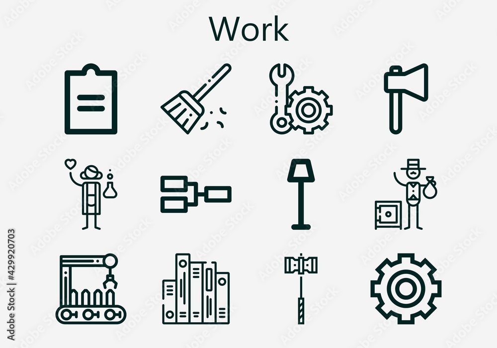 Premium set of work [S] icons. Simple work icon pack. Stroke vector illustration on a white background. Modern outline style icons collection of Competition, Hammer, Banker, Sweep, Setting