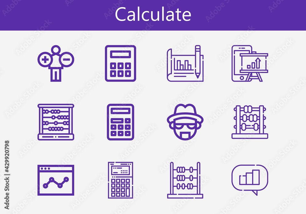 Fototapeta premium Premium set of calculate line icons. Simple calculate icon pack. Stroke vector illustration on a white background. Modern outline style icons collection of Calculator