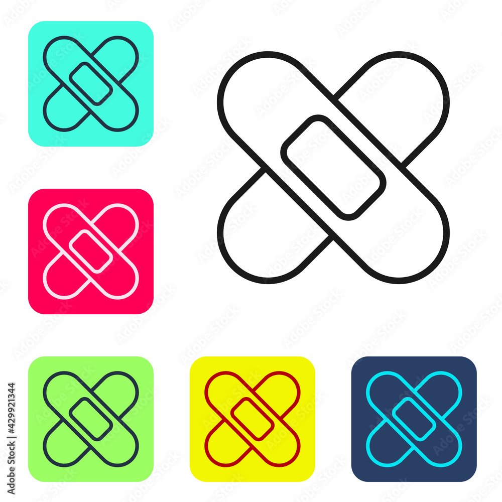 Black line Crossed bandage plaster icon isolated on white background. Medical plaster, adhesive bandage, flexible fabric bandage. Set icons in color square buttons. Vector Black line Crossed bandage plaster icon isolated on white background. Medical plaster, adhesive bandage, flexible fabric bandage. Set icons in color square buttons. Vector