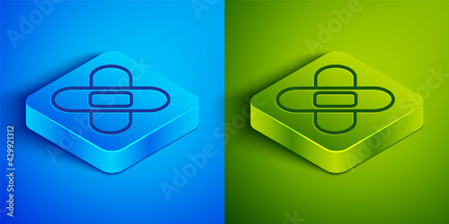 Isometric line Crossed bandage plaster icon isolated on blue and green background. Medical plaster, adhesive bandage, flexible fabric bandage. Square button. Vector