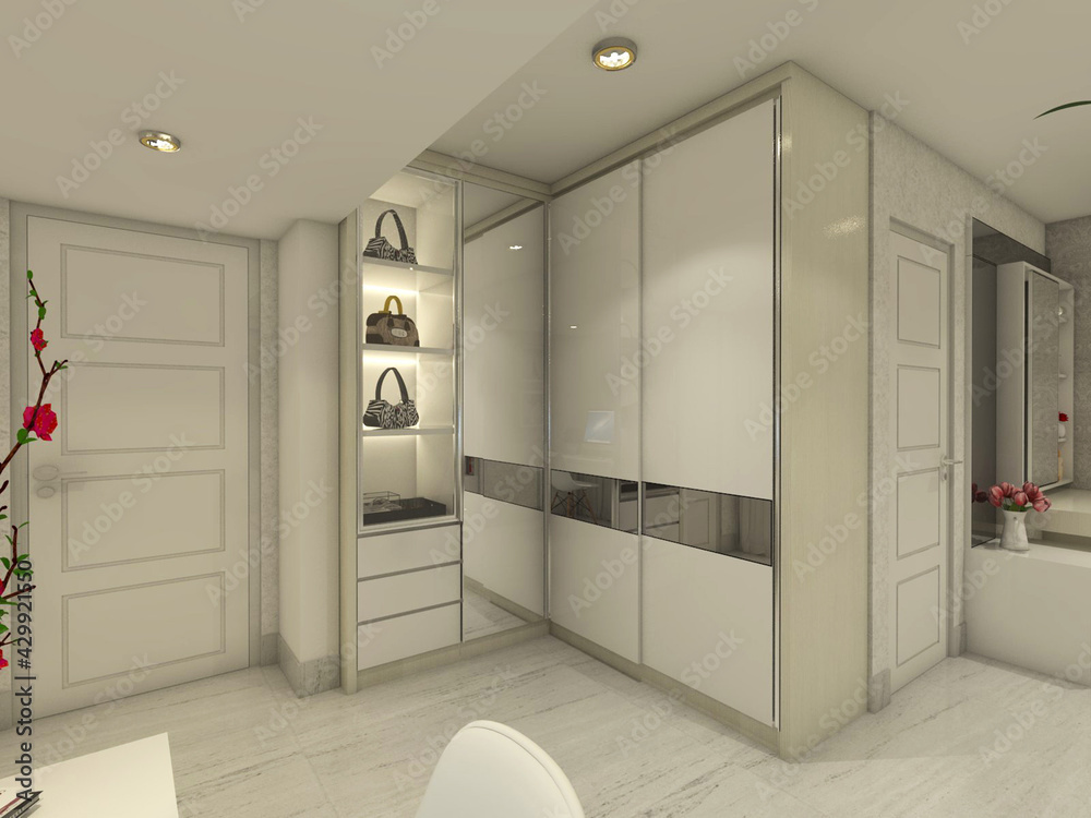 Ilustrace „Luxurious fitting room design with modern wardrobe clothes