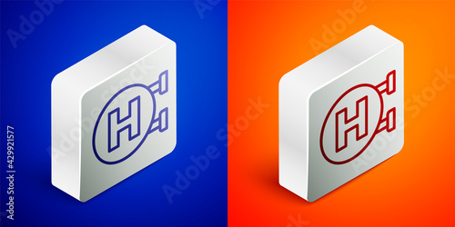 Isometric line Hospital signboard icon isolated on blue and orange background. Silver square button. Vector