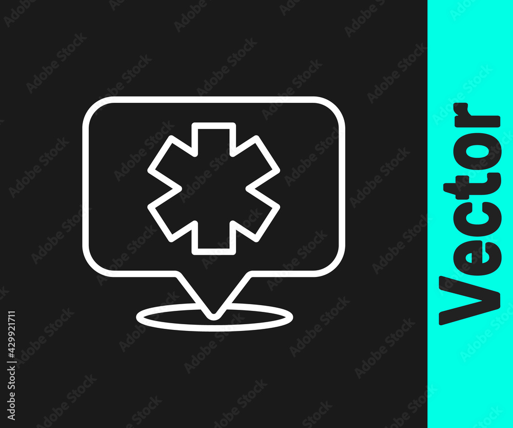 Obraz premium White line Medical symbol of the Emergency - Star of Life icon isolated on black background. Vector