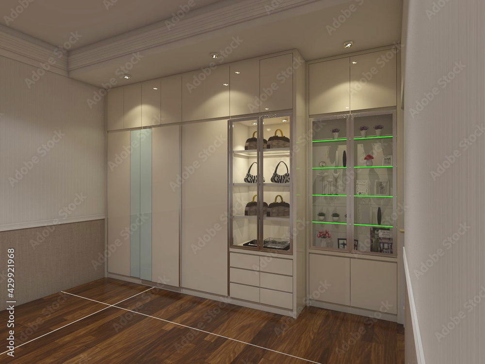 fitting room design with white wardrobe cabinet and parquet flooring in modern and minimalist interior style