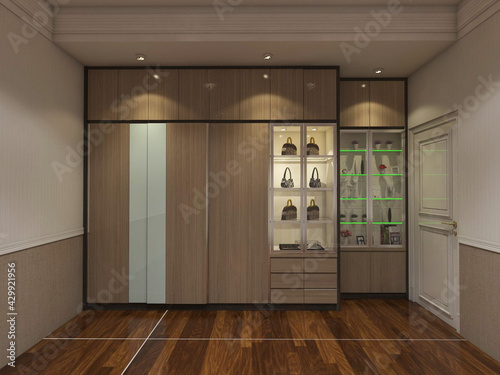 Tableau sur toile wooden wardrobe cabinet with shelving racks display in retro style