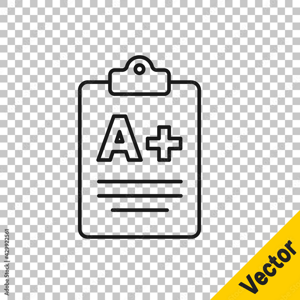 Black line Exam sheet with A plus grade icon isolated on transparent background. Test paper, exam, or survey concept. School test or exam. Vector Black line Exam sheet with A plus grade icon isolated on transparent background. Test paper, exam, or survey concept. School test or exam. Vector