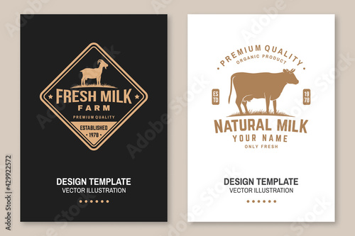 Dairy farm. Only fresh milk. Vector. Flyer, brochure, banner, poster design with cow, goat silhouette. Template for dairy and milk farm business - shop, market, packaging and menu