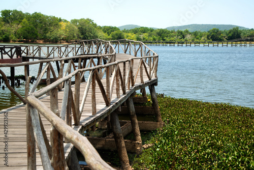 Wooden walkway bridge on the reservoir in the park Built for tourism in Thailand.. © topten22photo