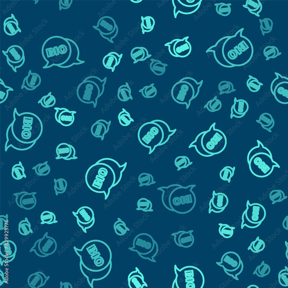 Green line Bio green healthy food icon isolated seamless pattern on blue background. Organic product. Healthy food sticker. Vector Green line Bio green healthy food icon isolated seamless pattern on blue background. Organic product. Healthy food sticker. Vector