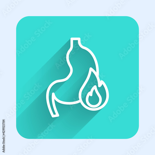 White line Stomach heartburn icon isolated with long shadow. Stomach burn. Gastritis and acid reflux, indigestion and stomach pain problems. Green square button. Vector