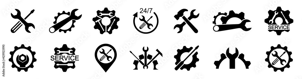 Service icons set. Wrench, hammer, screwdriver and gear icon. Auto logo services. Service sign, settings and repair - vector