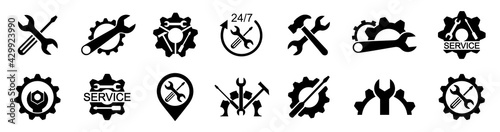 Service icons set. Wrench, hammer, screwdriver and gear icon. Auto logo services. Service sign, settings and repair - vector