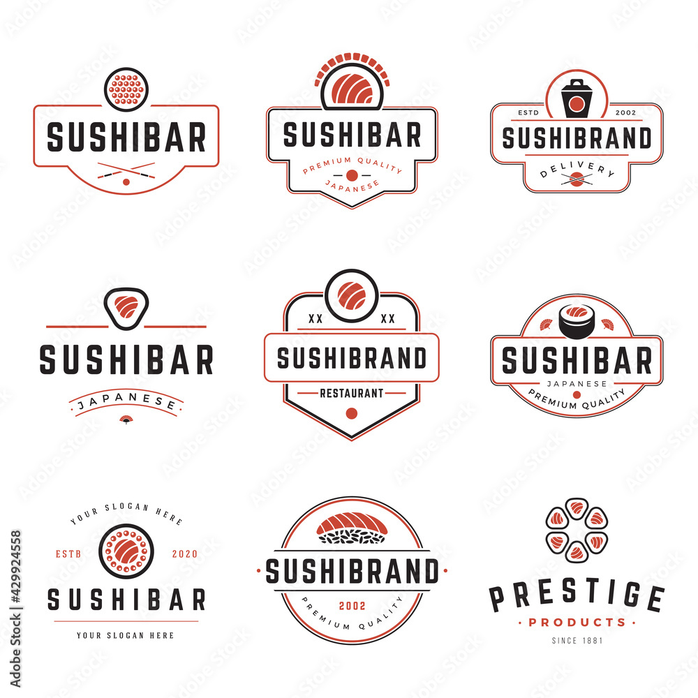 Sushi shop labels and badges design templates set vector illustration japanese food logos Sushi shop labels and badges design templates set vector illustration japanese food logos