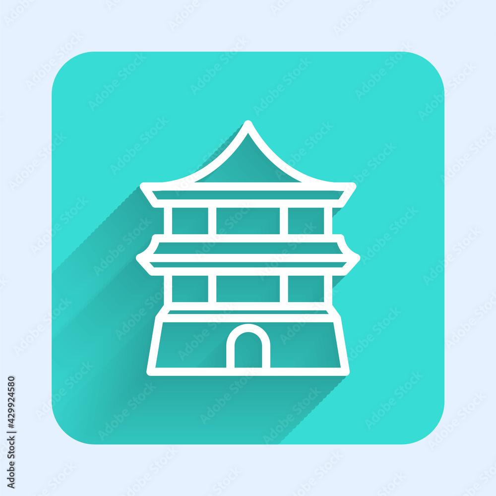 White line Traditional chinese house icon isolated with long shadow. Green square button. Vector