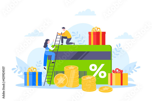 Get loyalty card and customer service business concept flat design vector illustration. Earn loyalty program points and get online reward and gifts. Tiny people with big card and gift box.