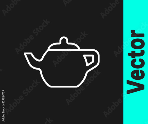 White line Traditional Chinese tea ceremony icon isolated on black background. Teapot with cup. Vector
