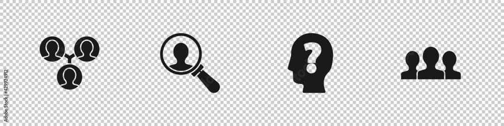Set Project team base, Magnifying glass for search, Head with question mark and Users group icon. Vector Set Project team base, Magnifying glass for search, Head with question mark and Users group icon. Vector