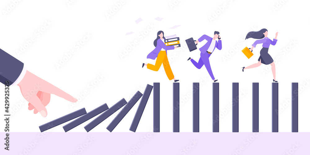 Domino effect or business cowardice metaphor vector illustration concept. Adult young business people run away from hand falling domino line business concept problem solving and danger chain reaction. Domino effect or business cowardice metaphor vector illustration concept. Adult young business people run away from hand falling domino line business concept problem solving and danger chain reaction.