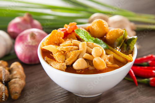 Tom yam kong or Tom yam is a spicy clear soup typical in Thailand and No.1 Thai Dish Cuisine. Thai food.