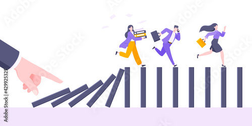 Domino effect or business cowardice metaphor vector illustration concept. Adult young business people run away from hand falling domino line business concept problem solving and danger chain reaction.