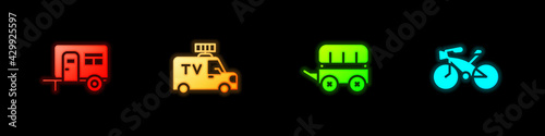 Set Rv Camping trailer, TV News car, Wild west covered wagon and Bicycle icon. Vector