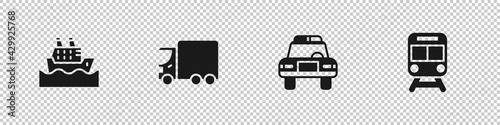 Set Cruise ship, Delivery cargo truck, Police and flasher and Train railway icon. Vector