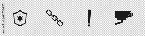 Set Police badge, Chain link, rubber baton and Security camera icon. Vector