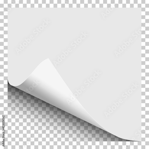 Sheet of white paper with curled corner, soft shadow and transparent next page. Element with space for text, ad and other aims. Template paper design. Vector illustration.