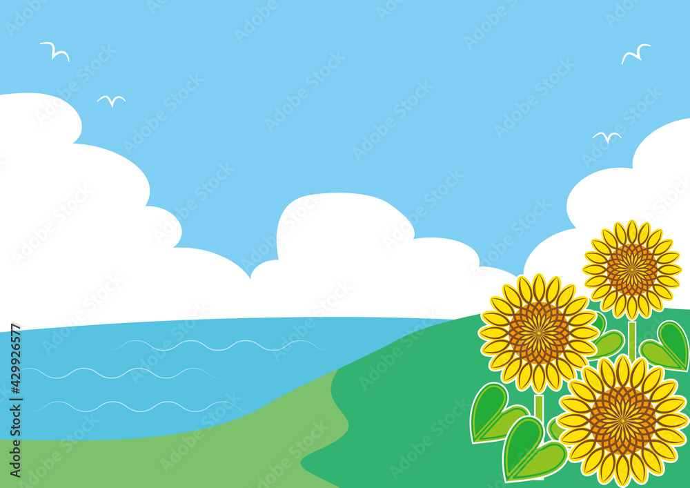 Summer Ocean Background, Sunflowers, Blue Sky, Seagulls Summer Ocean Background, Sunflowers, Blue Sky, Seagulls