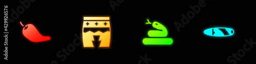 Set Hot chili pepper pod, Huehuetl, Snake and Cigar icon. Vector
