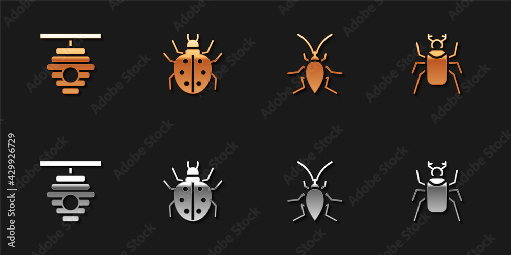 Fototapeta premium Set Hive for bees, Mite, Cockroach and Beetle bug icon. Vector