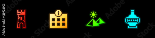 Set Castle tower, Information, Egypt pyramids and Ancient amphorae icon. Vector