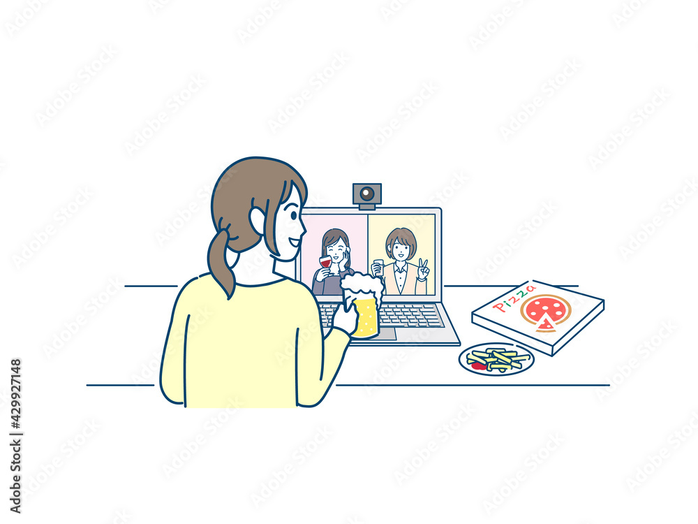 オンライン飲み会をする若い女性 リモート飲み会 宅飲み 女子会 イラスト素材 Stock Vector Adobe Stock