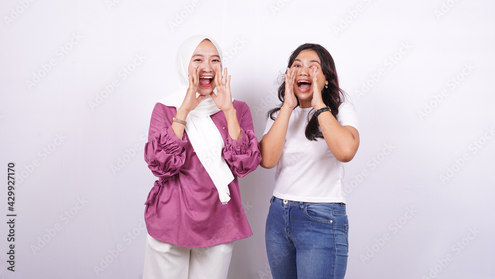 two Asian women screaming expressions isolated white background two Asian women screaming expressions isolated white background