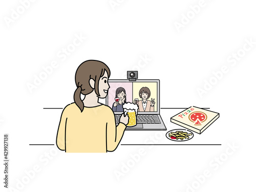 オンライン飲み会をする若い女性　リモート飲み会　宅飲み　女子会　イラスト素材