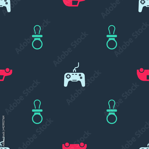 Set Toy car, Gamepad and Baby dummy pacifier on seamless pattern. Vector