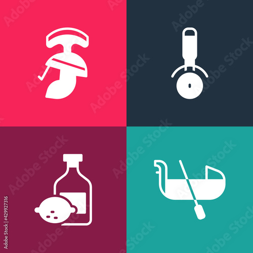 Set pop art Gondola, Limoncello bottle, Pizza knife and Roman army helmet icon. Vector