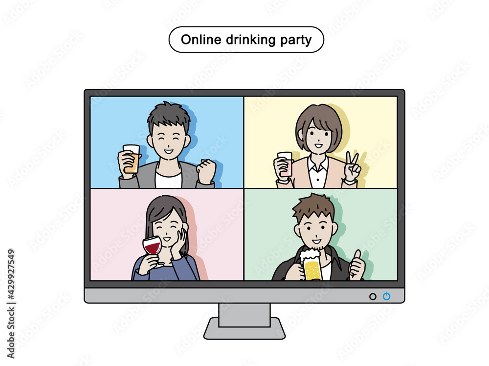 オンライン飲み会をする若い男女 リモート飲み会 宅飲み 忘年会 モニター イラスト素材 Stock Vector Adobe Stock