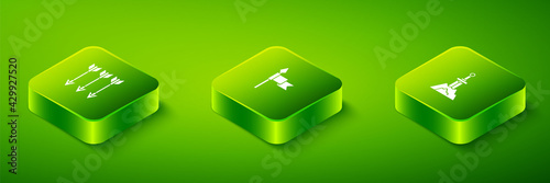 Set Isometric Medieval spear, Sword in the stone and Crossed arrows icon. Vector