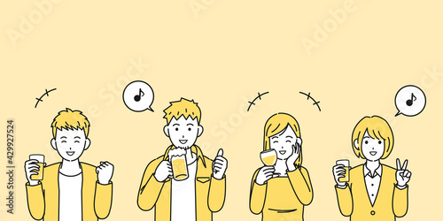 飲み会をする若い男女　打ち上げ　オフ会　忘年会　上半身　イラスト素材
